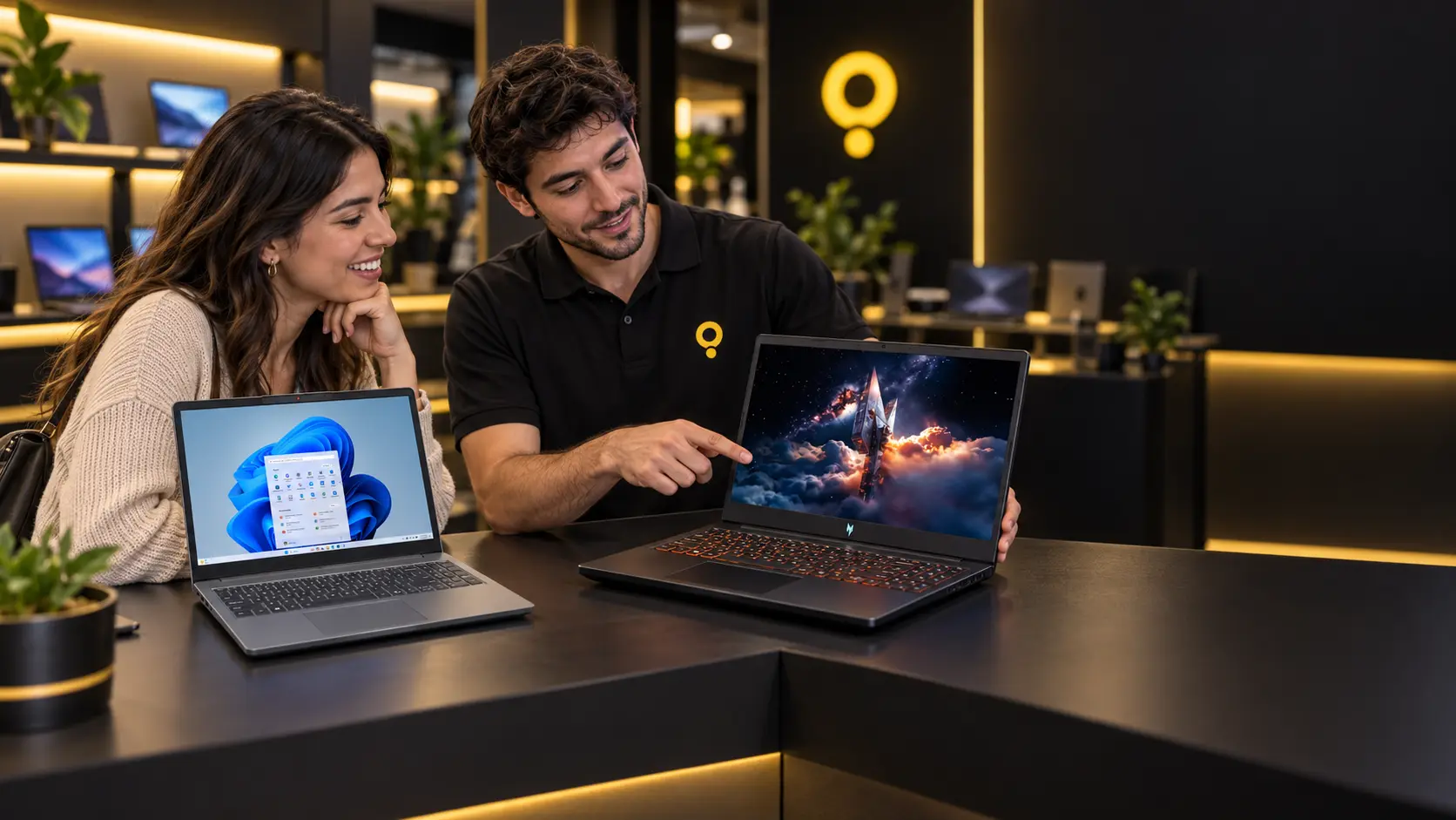Asesor de TechSite mostrando una notebook nueva a una clienta