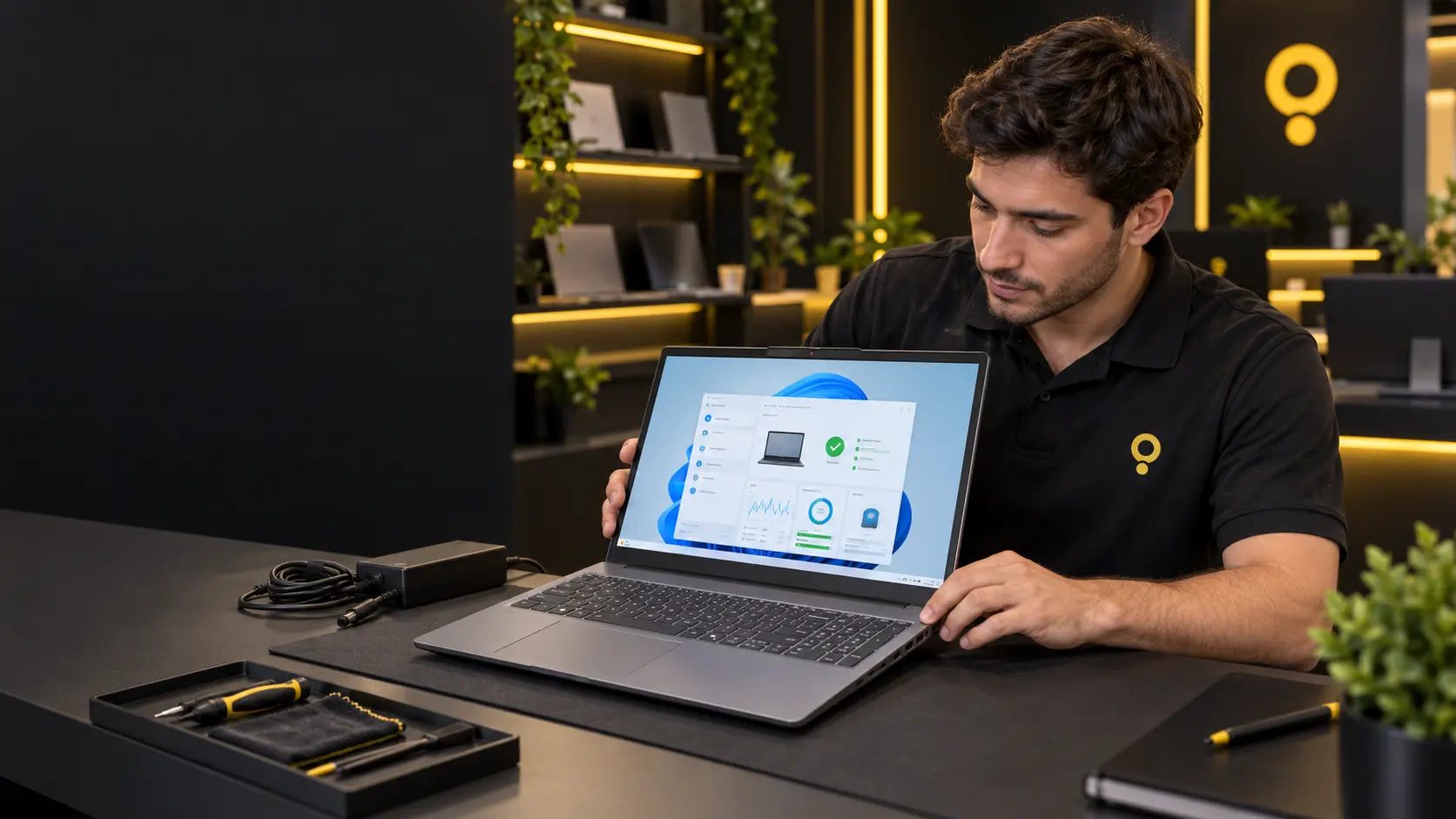 Técnico de TechSite evaluando el estado de una notebook usada