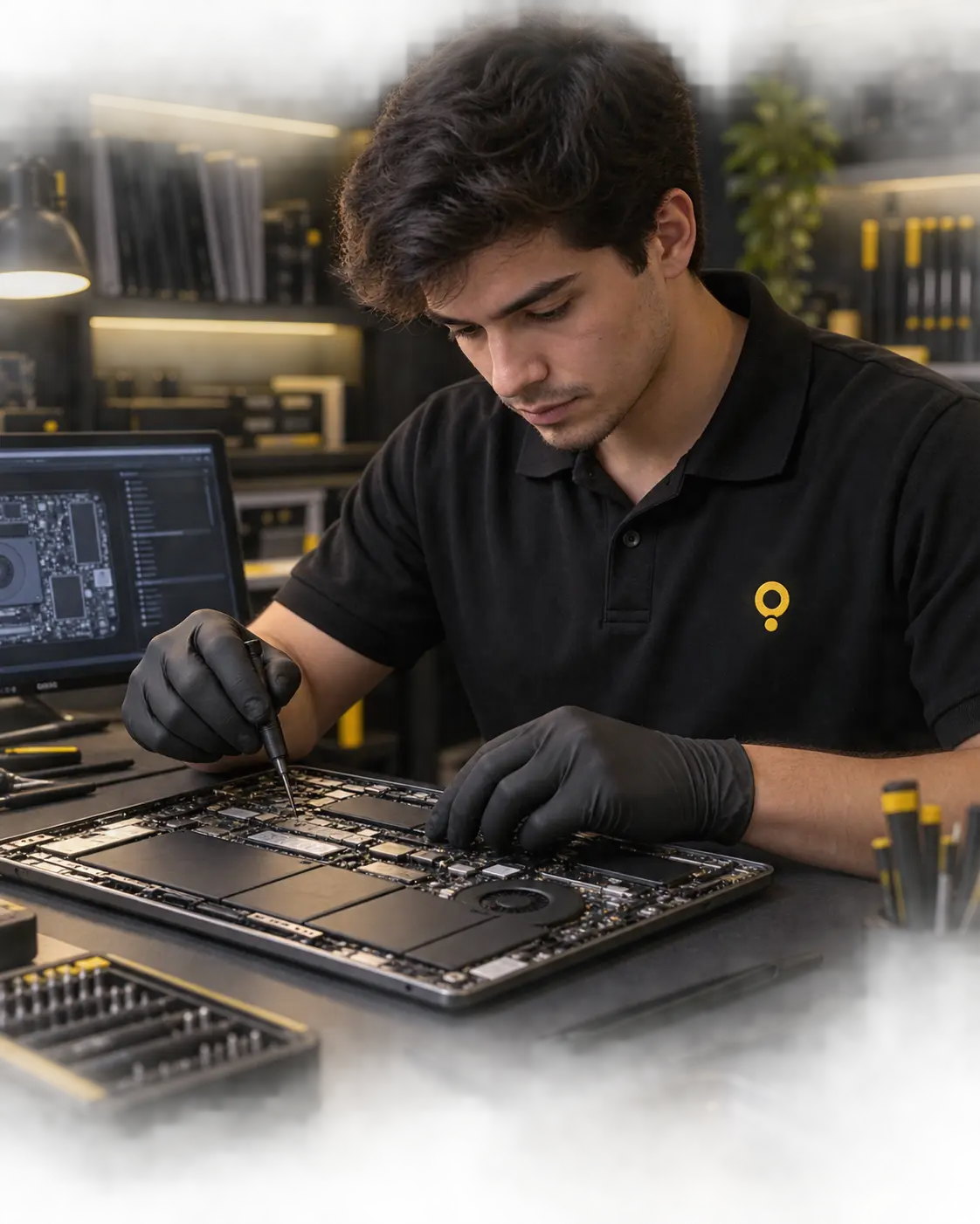 Técnico de TechSite trabajando sobre una notebook
