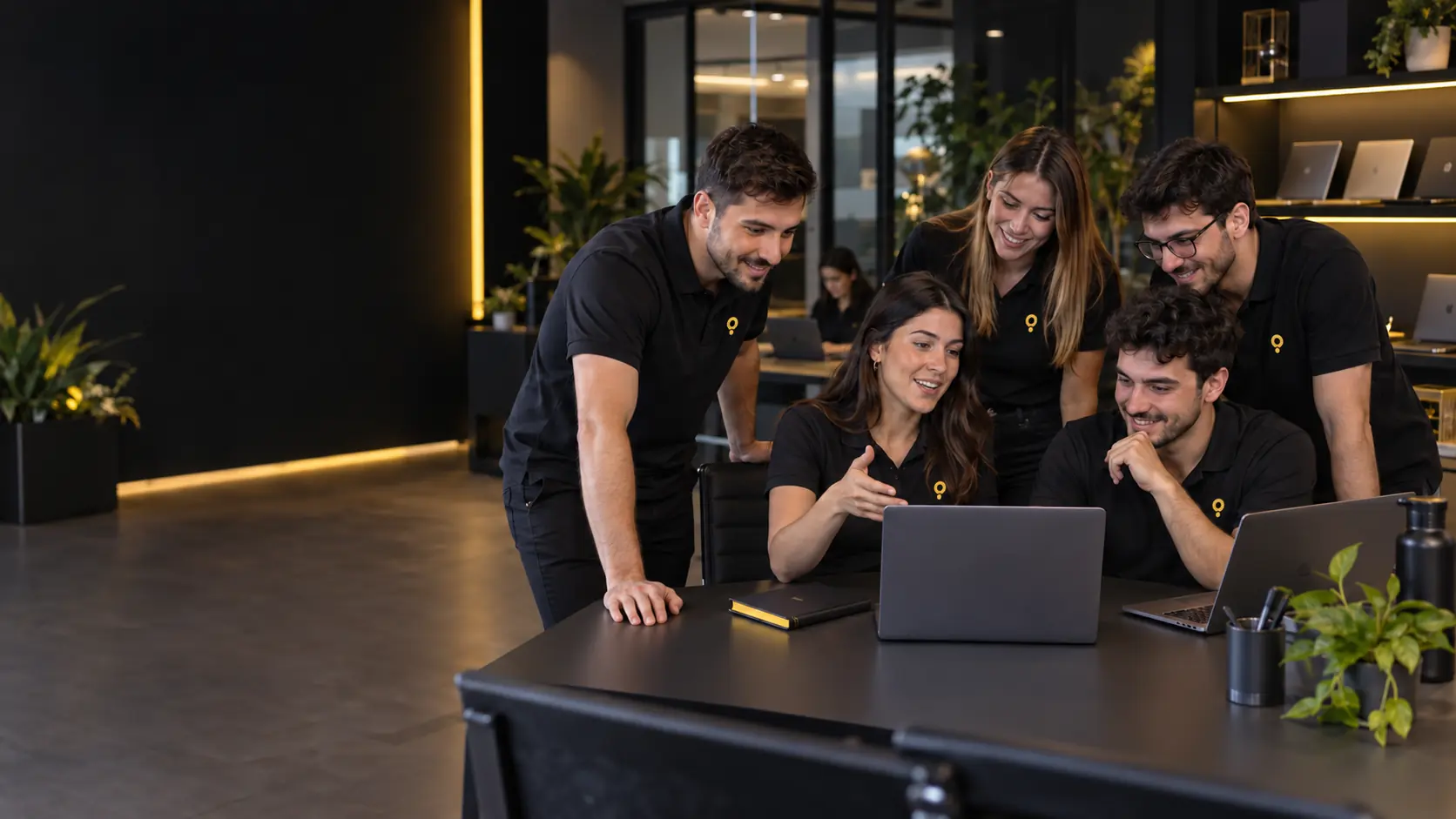 Equipo de TechSite colaborando alrededor de una notebook